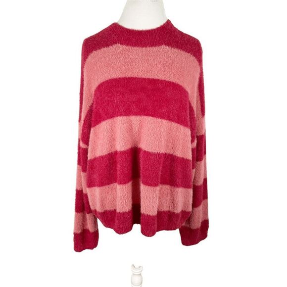 Dear John Caroline Red Pink Striped Sweater Relaxed Fit Fuzzy Yarn Boho Size L - Picture 1 of 10